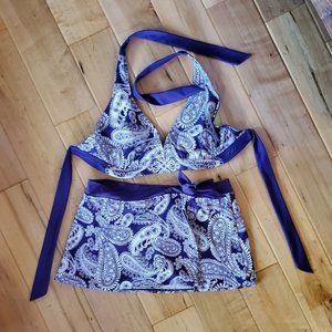 ATHLETA PURPLE WHITE PAISLEY HALTER SKIRTED BIKINI SET - 36DD/ 38D TOP M BOTTOMS